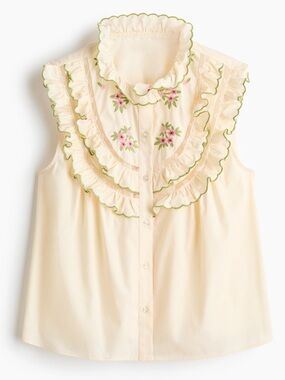 H&M Cream Sleeveless Ruffled Blouse with Pink Floral Embroidery
